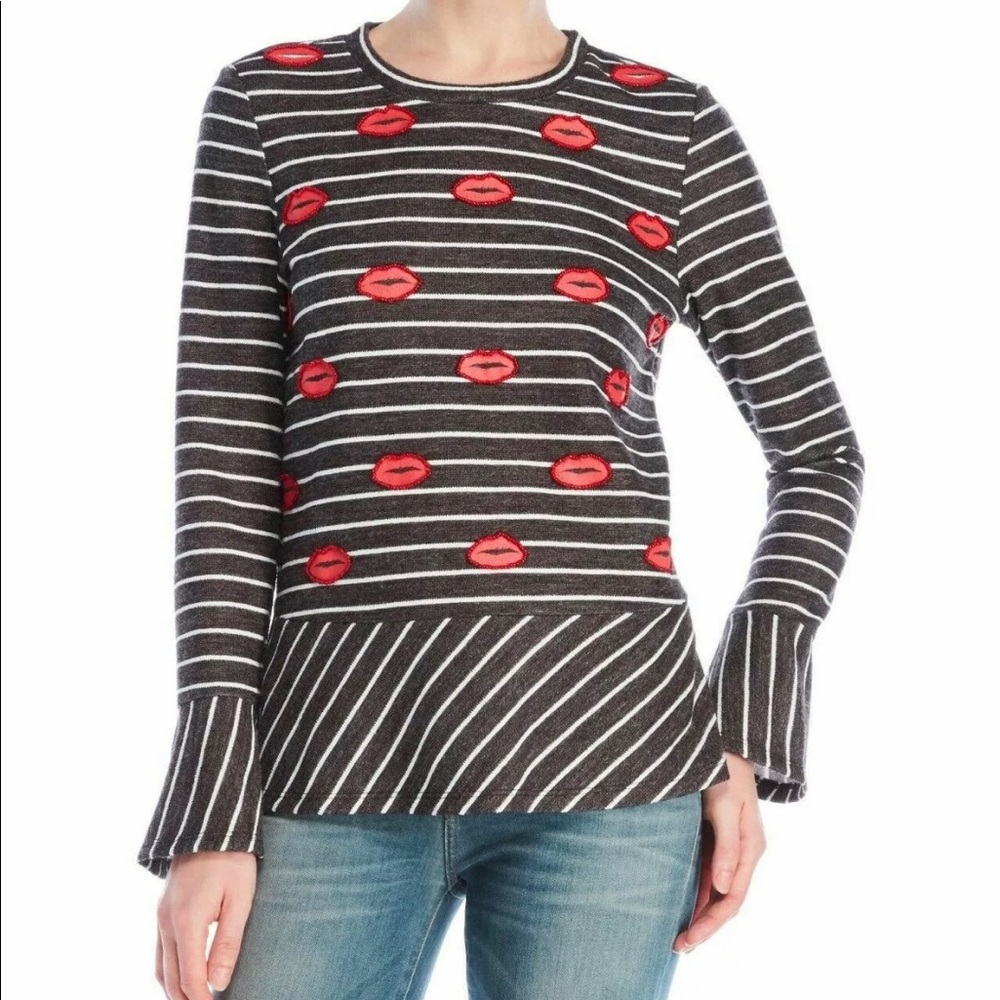 NANETTE LEPORE Grey Striped Kisses Lips Beaded Xs